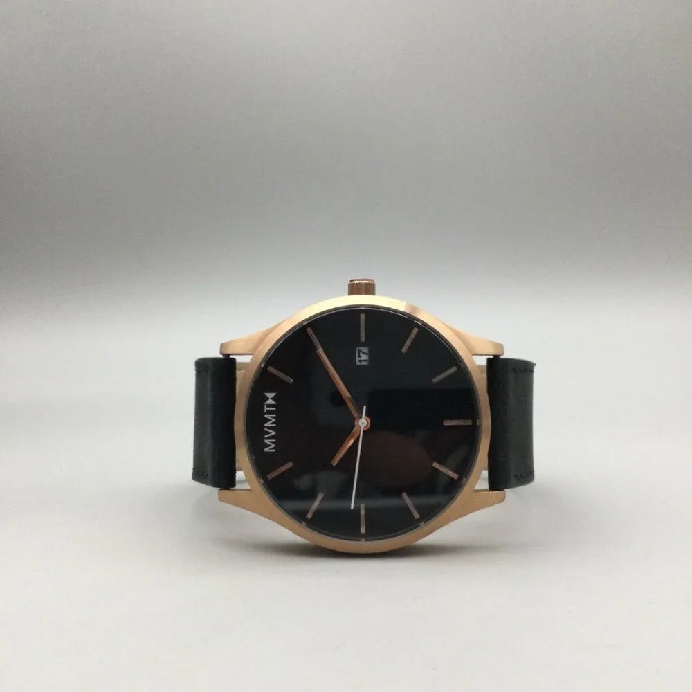 MVMT Watch Men 45mm Rose Gold Black Dial Date Leather Band New Battery